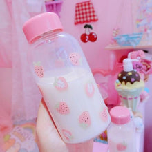Load image into Gallery viewer, TECHOME Cartoon Lovely Pink Bottle Transparent Drinking Bottle Strawberry Glass Water Bottle Student Portable Outdoor Bottle