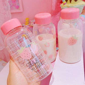 TECHOME Cartoon Lovely Pink Bottle Transparent Drinking Bottle Strawberry Glass Water Bottle Student Portable Outdoor Bottle