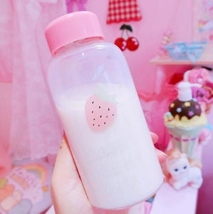 TECHOME Cartoon Lovely Pink Bottle Transparent Drinking Bottle Strawberry Glass Water Bottle Student Portable Outdoor Bottle