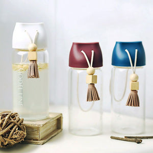 TECHOME Creative Water Bottle with Rope Tassels Glass Bottle Portable Outdoor Handy Bottle Personality Glass Drinking Bottle